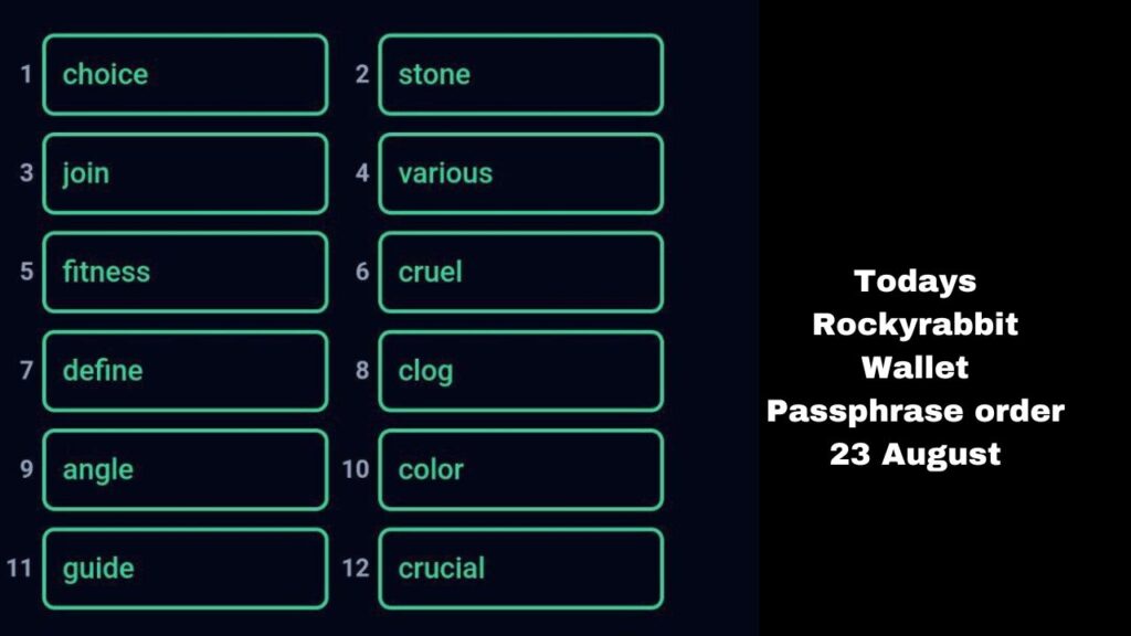 Todays Rockyrabbit Wallet Passphrase order 23 August