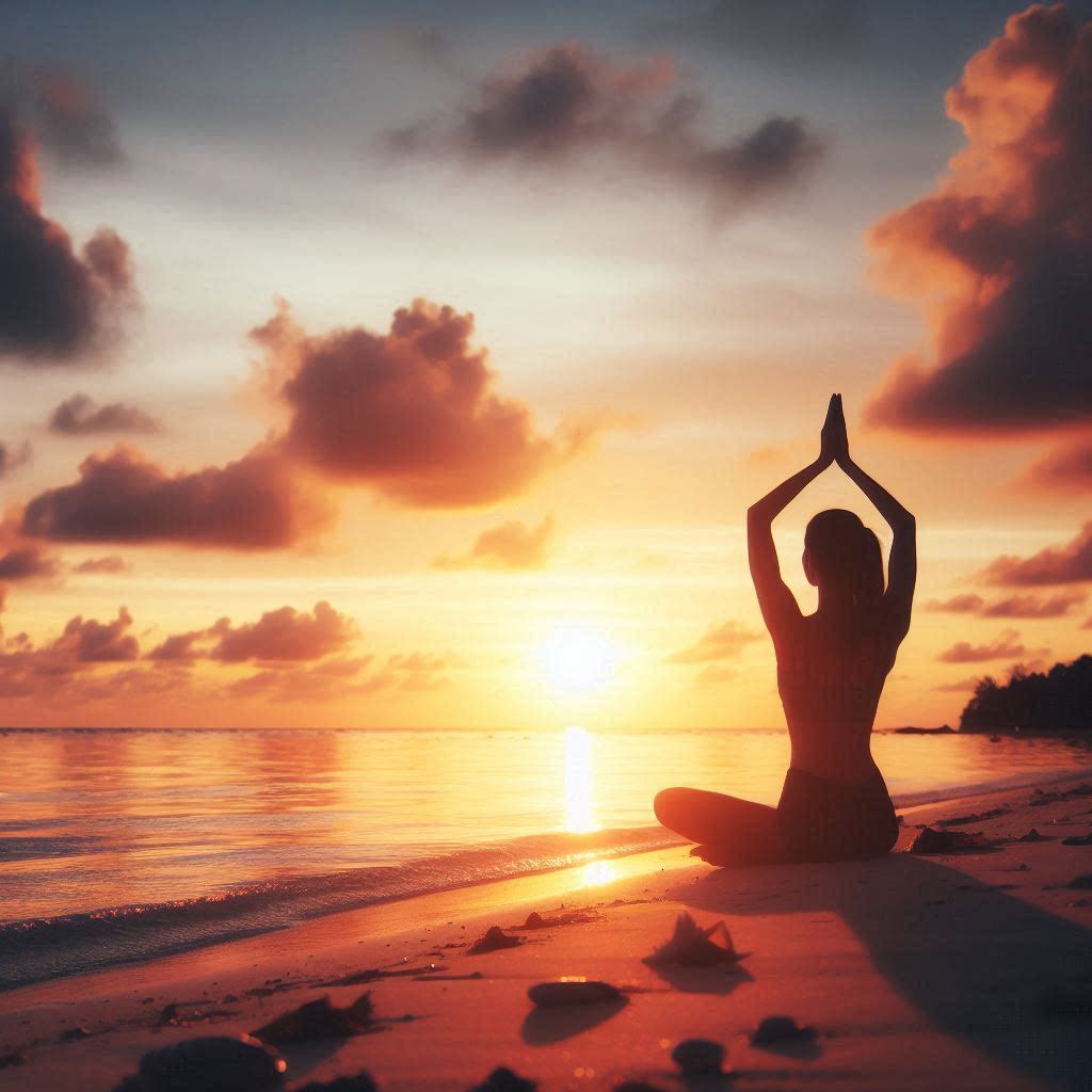 silhouette di una donna che fa yoga al tramonto su una spiaggia